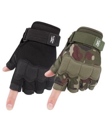 FIORETTO Fingerless Tactical Gloves, Airsoft Gloves, Half Finger Military Gloves for Driving, Cycling, Shooting, Hunting, Motorcycle, Climbing, Outdoor Work Black+Green Camo(2 Pairs) Medium