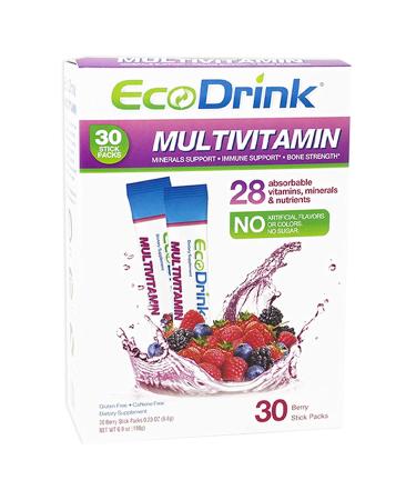 EcoDrink Multivitamin Energy Powder Drink Mix - Electrolytes Antioxidants Nutrients - Sugar and Caffeine Free - Berry Flavor Powder 30 Packets