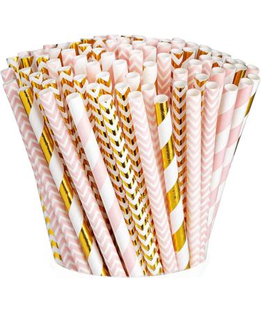 Biodegradable Paper Straws 200 Pack Pink & Gold Multi-Pattern for Birthday Wedding Holiday Decoration
