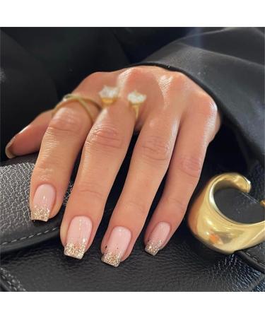 Sparkling Gold Fake Nail Short Square Press on Nails French Tips Nail Art Decoration for Women and Girls Manicure 24pc