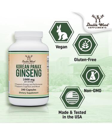 Korean Red Panax Ginseng 1000mg (4 Month Supply) 240 Capsules - Mood, Cognitive Function, Energy Support by Double Wood - Buy Online on GoSupps.com