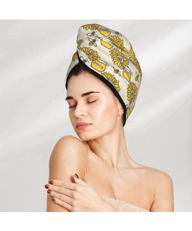Hair Towel Wrap Quick Drying Towel Turban with Button | Cartoon Honey Pot Bee Sunflower Design - Buy Online on GoSupps.com