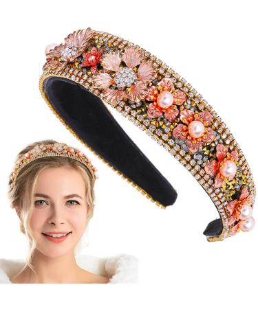 Flayem Rhinestone Flower Headband Glitter Padded Wide Hair Band Bridal Wedding Hair Hoop Accessories for Women and Girls (Gold)