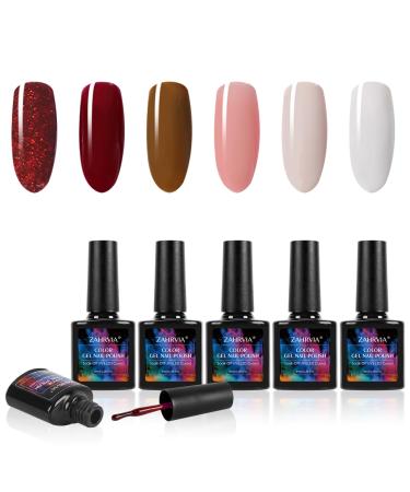6 Colors Gel Nail Polish Set ZAHRVIA Brown Red Gel Nail Polish Kit Neutral Popular Nail Art Design Soak Off Nail Lamp Nail Polish Gel DIY Manicure French Kit A04