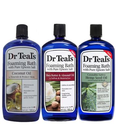 Dr. Teal's Epsom Salt Foaming Bath Variety Gift Set (3 Pack 102oz Total) - Shea Butter & Almond Oil Coconut Oil & Hemp Seed Oil - Relieve Stress & Revitalize Tired Achy Muscles - at Home Spa