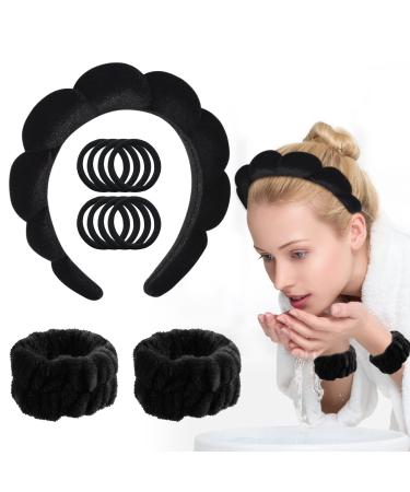 Sponge Spa Headbands and Wristbands Set for Washing Face Makeup Headband for Skincare Soft Terry Towel Cloth Hair Band Hair Accessory Headbands for Girls Women Facial Mask Makeup Removal Shower (Black)