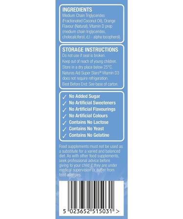 Natures Aid Kids Vitamin D3 Spray 30ml - Daily Oral Supplement for Children Ages 4-12 - Immune Support & Bone Health - Orange Flavour, Vegetarian - Buy Online on GoSupps.com