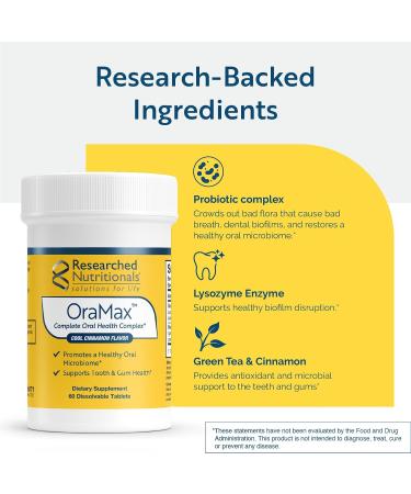 Researched Nutritionals OraMax - Oral Health Complex to Fight Bad Breath and Support Health Teeth & Gums - Oral Probiotics, Enzymes, Nutrients & Herbs (60 Dissolving Tablets) - Buy Online on GoSupps.com