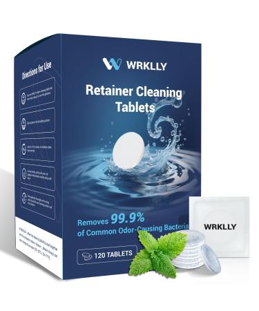 Retainer Cleaner Tablets (120 pcs) Denture Cleaning Tablets for Invisalign Night Mouth Guard for Aligners Remove Odors Stains and Plaque Quick Cleanser Mint Fresh Flavor 4 Month Supply Blue