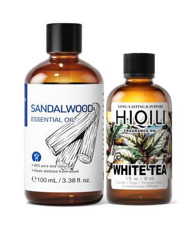 HIQILI 100ML Sandalwood Essential Oil & 30ML White Tea Fragrance Oil for DIY Diffuser