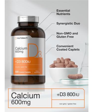 Horbaach Calcium Supplement for Women and Men | 600 mg | 500 Coated Caplets | with Vitamin D3 | Non-GMO & Gluten Free - Buy Online on GoSupps.com