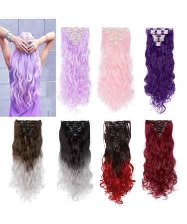 24inch Curly Hair Extension 8 Pcs full Head Set Clip In Hair Extensions Hairpiece Heat-Resisting -Light Purple 24 Inch Curly #Light Purple