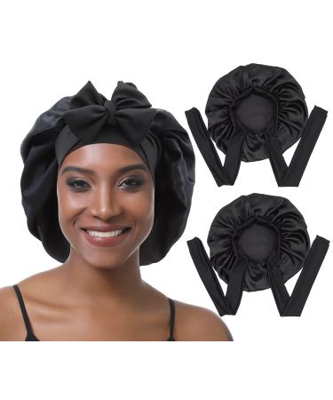 brcok 2 Pieces Satin Bonnet Silk Braid Bonnet Sleep Cap with Tie Band for Women Long Hair Curly Braids  Dreadlocks 2-black