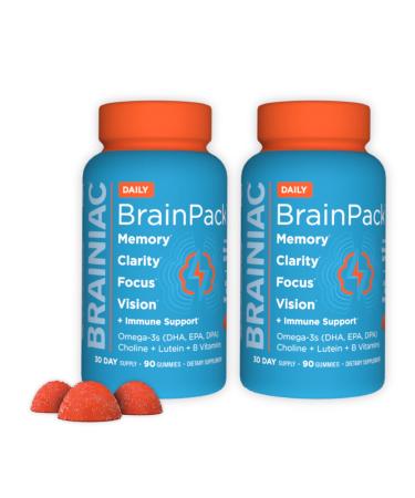 Brainiac Daily BrainPack Gummies Supports Brain Health with Omega 3 DHA EPA DPA Choline B6 & B12 and Lutein for Eye Health with Immune Support Citrus Berry Flavor 90 ct Pack of 2 90.0 Servings (Pack of 2) Daily BrainPack Twinpack