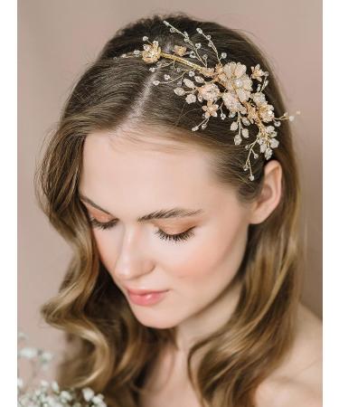 SWEETV Flower-Leaf Bridal Headband | Gold Crystal Tiara for Women | Pearl Wedding Hair Accessories for Bride | Prom & Birthday Party - Buy Online on GoSupps.com