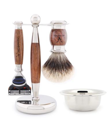 JAG Shaving Razorset - Jag's Lee Range 4 -part shaving set - Silberspitz Dachshaar Razor brush - 5 razor blades of shaving plane - shaving stand made of stainless steel and wood - shaving bowl - wood set