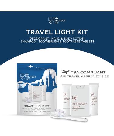 TSA Approved Travel Essentials Kit for Men & Women - Hygiene Set with Lotion Deodorant Shampoo Toothbrush & Toothpaste Tablets | My Protect Kit - Buy Online on GoSupps.com