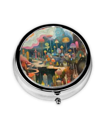 Strange Mushroom Portable Metal Pill Box Round Mini 3-Compartment Plastic Insert hinged Fastening Design Suitable for Small Pills Must-Have for Travel Black