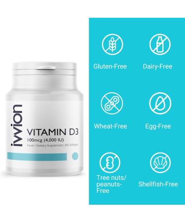 ivvion Preservative-Free Vitamin D3 4000 IU (100 g) Softgel 1 Year Supply High Strength Cholecalciferol | Gluten Free Non-GMO | Supports Immune System Bones Teeth & Muscles | UK Made 365 Count - Buy Online on GoSupps.com