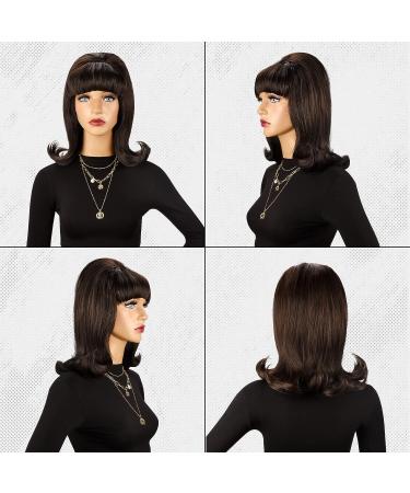 LONAI Retro Brown Wig with Bangs | 50s 60s 70s Style | Synthetic Hair for Costume Party | Dark Brown Halloween Wig - Buy Online on GoSupps.com