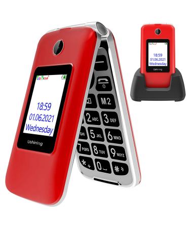 USHINING Senior Flip Mobile Phone Big Button Mobile Phone For Elderly Dual SIM Unlocked Card Long Standby with 2.8" Large Screen | SOS Button| FM Radio | Torch and Charging Cradle (Red)