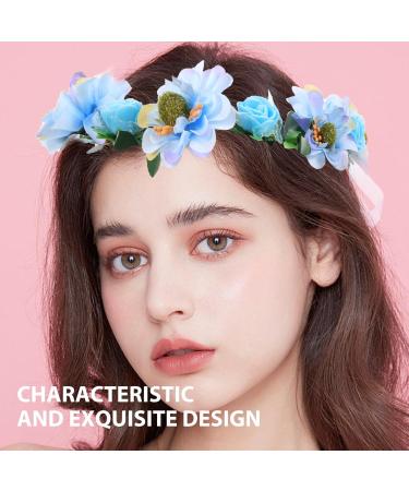 Lurrose Flower Head Wreath Floral Crown Headpiece Flower Headband with Adjustable Ribbon for Party Wedding Festival Sky blue - Buy Online on GoSupps.com