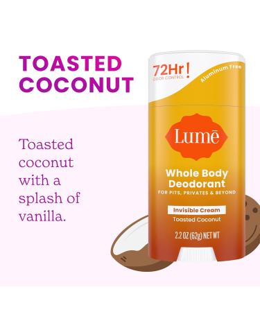 Lume Whole Body Deodorant - Invisible Cream Stick - 72 Hour Odor Control - Aluminum Free Baking Soda Free Skin Safe - 2.2 Ounce (Toasted Coconut) - Buy Online on GoSupps.com