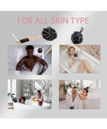 Long Handled Loofah Sponge with Handle Back Scrubber for Men & Women - Black Bath Shower Pouf Set with Hook and Cap - Buy Online on GoSupps.com