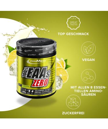 Ironmaxx 100% EAAS Zero - Ice Tea Lemon 500g | Vegan EAA Powder | Sugar-Free | All 8 Essential Amino Acids | Fruity Flavor | Preservative-Free - Buy Online on GoSupps.com