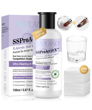 SAVILAND Acrylic Nail Brush Cleaner Set: Plant Based Nails Brush Cleaner Tea Tree Castor Oil Strong Nail Cleaner Brush with Dappen Dish for All Acrylic Nail Brushes Nail Art Clean & Restore Salon Use