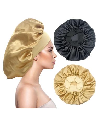 Eupinduo 2 pieces satin sleeping cap bonnet hair hood curly hood for sleeping hair hood for the night enlarged high elastic width creme soft female satin hood sleep black golden