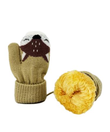 BEISIJIA Toddler Kids Warm Knitted Mittens Cute Cartoon Gloves Winter Full Fnger Mittens with String Hang Neck for 1-4 Years Kids Khaki