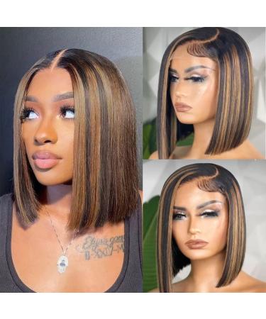 Highlight Ombre 4x4 Lace Front Bob Wig Human Hair Straight Balayage FB30 Blonde Colored Human Hair Wigs for Women Lace Frontal Wigs 150% Density Pre Plucked 10 inch 10 Inch 4x4 lace front bob wig human hair highlights