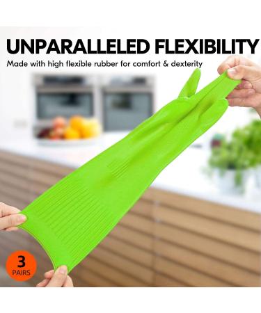 Vgo 3 Pairs Household Cleaning Gloves - Extra Thick Rubber Dishwashing Gloves with Long Sleeves (RB2143) - M Size Green - Durable & Comfortable for All Cleaning Tasks - Buy Online on GoSupps.com