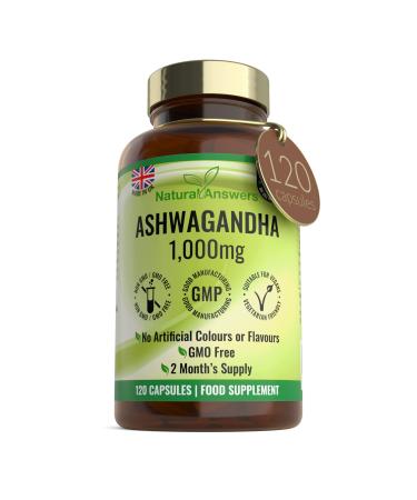 120 x Ashwagandha Capsules Made Using 10:1 Root Powder Extract for a High Strength 1000mg per Serving Vegan Natural Ayurvedic Herbal Supplement Made in The UK 120 Count (Pack of 1)