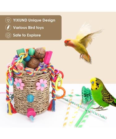 YIXUND Seagrass Foraging Basket Bird Toy with Colorful Crinkly Paper and Wooden Blocks - Ideal for Small & Medium Parrots - DIY Honeycomb Tree Design - Buy Online on GoSupps.com