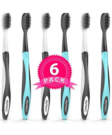 Nuva Dent Ultra Soft Charcoal Toothbrush - Gentle  Slim Brush Head  Medium Tip - Clean Plaque  Whiten Teeth - Works Well w/Activated Charcoal Toothpaste or Teeth Whitening Products  6 Pack 6 Count (Pack of 1) Ultra Soft