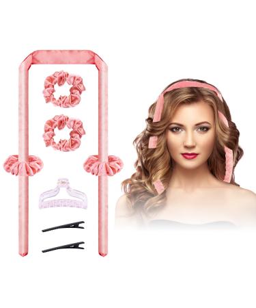 Heatless-Hair-Curler, Upgraded Segmented Design No Heat Silk Curls Headband for More Comfortable Sleep Overnight, Silk Curling Ribbon for Hair with Rubber Bands and Clips (Pink)