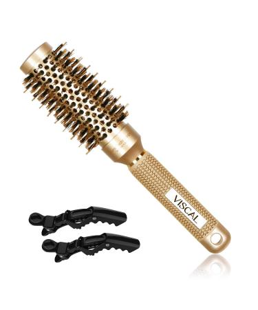 VISCAL Nano Thermal Ceramic & Ionic Round Hair Brush Large Round Hair Brush with Boar Bristle 2.4 inch, for Hair Drying, Styling, Curling, Adding Hair Volume and Shine, Gold Brown. 2.4 Inch Barrel 1.3 Inch
