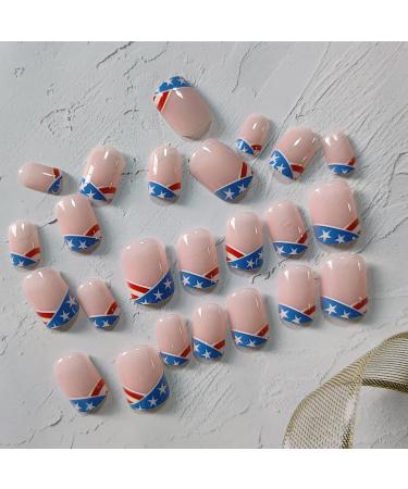 Foweso Independence Day Short Square Fake Nails - Patriotic Stars and Stripes Design - 4th of July Acrylic False Nails for Women and Girls - Buy Online on GoSupps.com