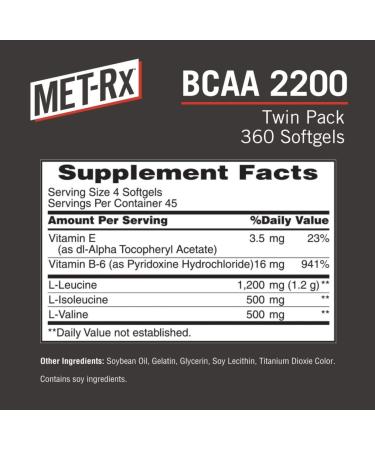 MET-Rx BCAA 2200 Amino Acid Supplement 360 Count for Muscle Recovery - 2 Pack of 180 Softgels - Buy Online on GoSupps.com
