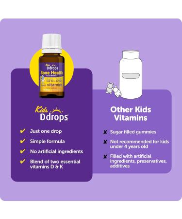 Ddrops Kids Bone Health 600 IU Vitamin D3 + 45 mcg K2-60 Drops - Helps Maintain and Build Strong Bones and Teeth. No Artificial Preservatives No Sugar Non-GMO Allergy-Friendly - Buy Online on GoSupps.com