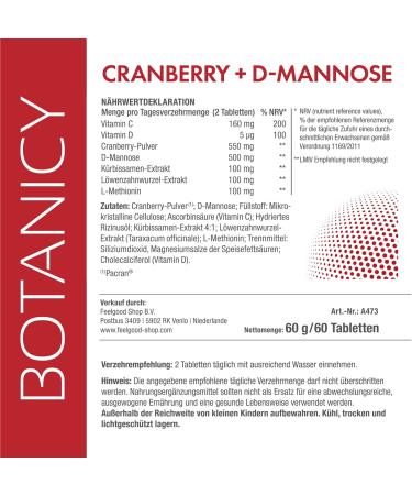 Botanicy Cranberry + D-Mannose Tablets - Supports Bladder & Urinary Health - 180 Count with Pacran Powder Vitamin C D3 Pumpkin Seeds & Dandelion Root - Buy Online on GoSupps.com