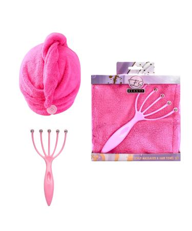 Double-Layer Hot Pink Scalp Massager & Coral Fleece Hair Towel Set Scalp and Body Massage Stress Relief Travel & Home Essential Super Absorbent Quick-Dry Gift for Elder Lover Family Kid Pet