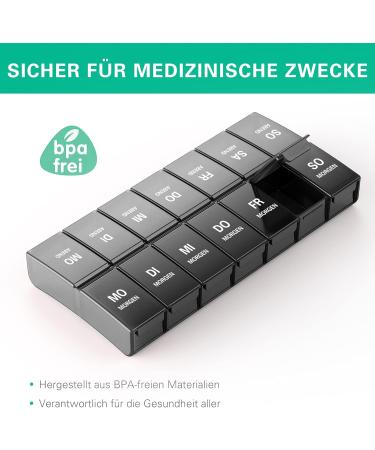 Annwer 7-Day Pill Organizer Box | Moisture-Resistant Weekly Meds Doser | 2 Compartments for 14 Subjects | Black | International Shipping - Buy Online on GoSupps.com