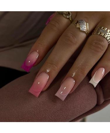 FEIlei 24Pcs Long Press on Nails Coffin French Fake Nails Tip Gradient Acrylic Nails Glossy False Nails for Women Girls - Buy Online on GoSupps.com