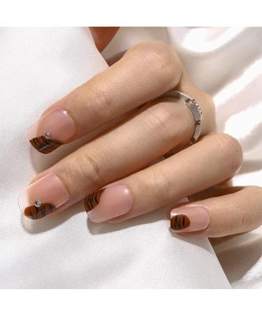 Sethexy bling false nails Strass tiger stripes stick nails pink square 24st acrylic short fingernails for women and girls