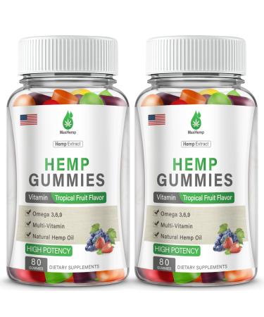 Hemp Gummies 2 Packs for Pain, Sleep, Anxiety - Hemp Gummy 100% Natural Organic Extra Strength High Potency with Pure H mp Oil Extract Vegan Bear Candy