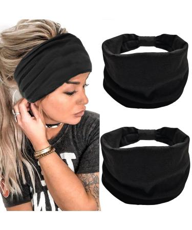 Hjiaruiky Wide Headbands for Women Thick headbands Head bands for Womens' hair Boho Black Workout headbands for Women Stretchy Cloth Yoga Bandana Headbands Fashion Hair Bands Women Black2 Black+Black