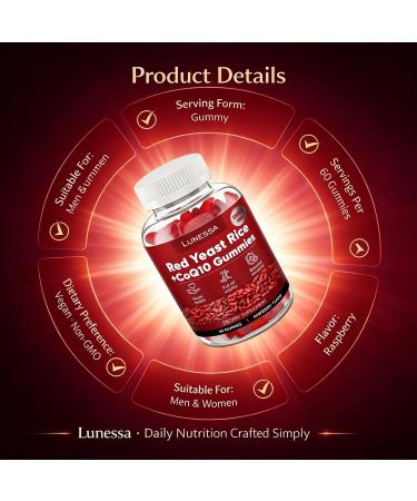 Lunessa Red Yeast Rice with CoQ10 200mg | Red Yeast Rice 2400mg Restores Body Vitality & Maintains Healthy Cholesterol Levels for Men & Women Non-GMO Vegan 60 Gummies -1PCS (Raspberry Flavor) - Buy Online on GoSupps.com